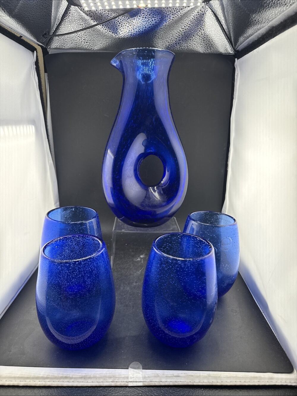 Artland Iris Cobalt Blue Seeded Bubble Glass Set 5pc Donut Hole Pitcher Tumblers